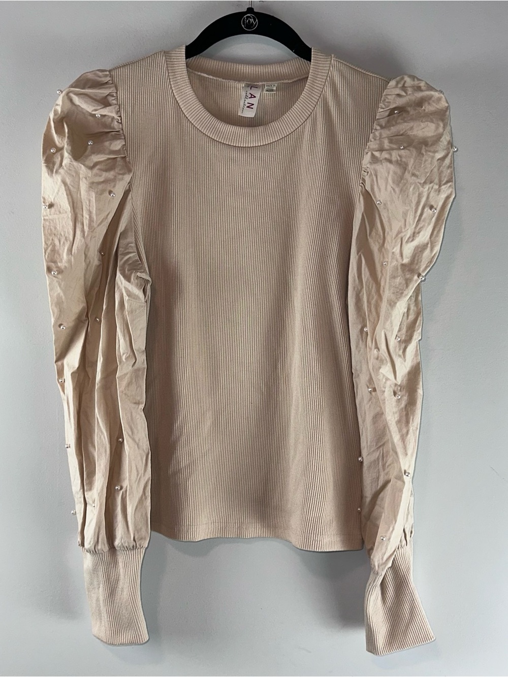 Dolan Pearl Embellished Puff Sleeve Ribbed Long Sleeve Casual Top Size Petite M